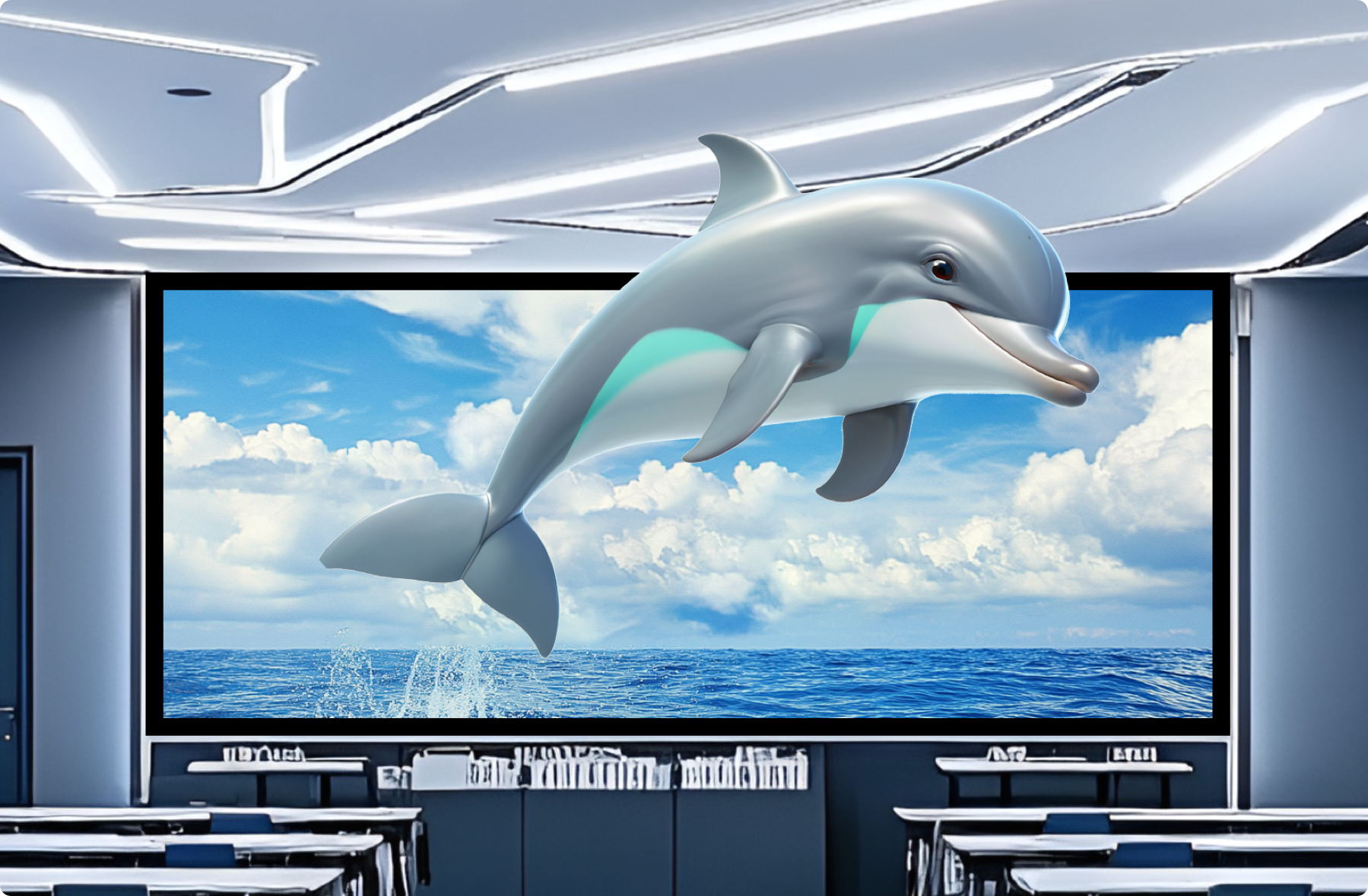 3D holographic dolphin display in classroom