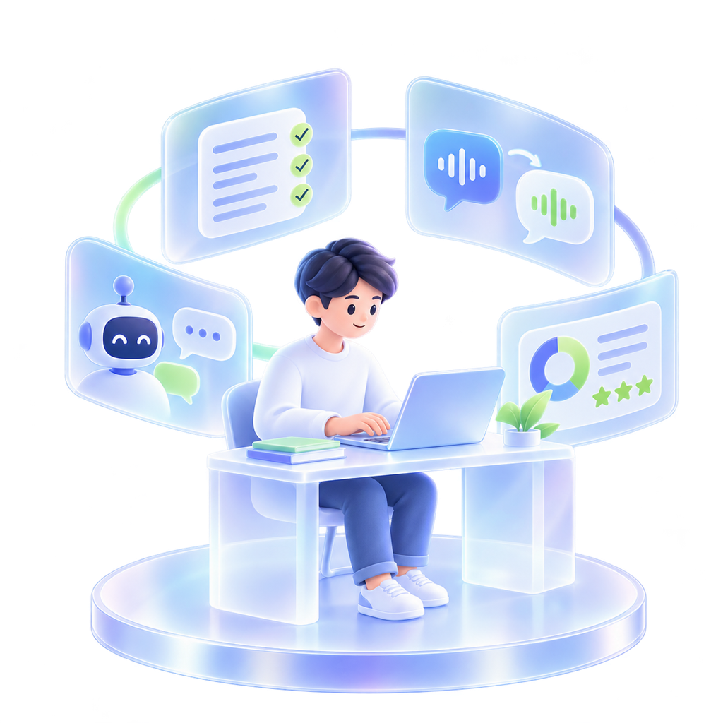 A learner uses AI notes, translation, feedback, and an assistant around a laptop