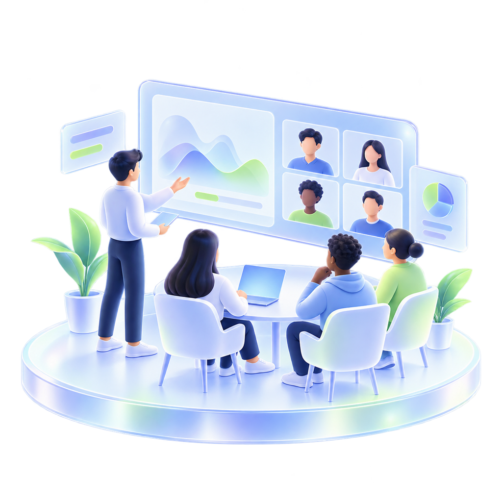 A hybrid learning group shares a live session with remote participants on a glass display