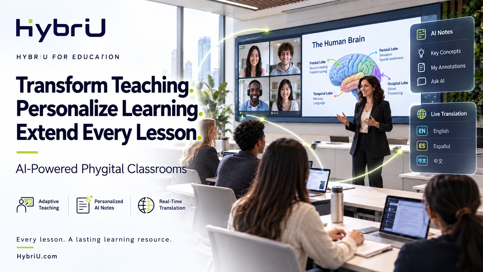 HybriU for Education: Transform Teaching. Personalize Learning. Extend Every Lesson. A lecturer presents to in-room and remote students with AI Notes and Live Translation panels