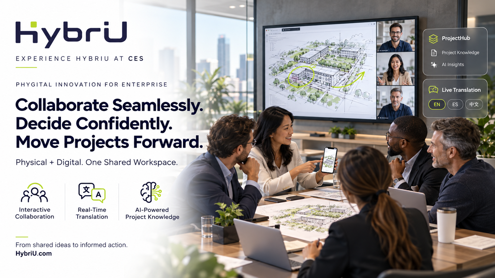 HybriU for Enterprise: Collaborate Seamlessly. Decide Confidently. Move Projects Forward. A team reviews project plans with remote colleagues and Project Hub with live translation