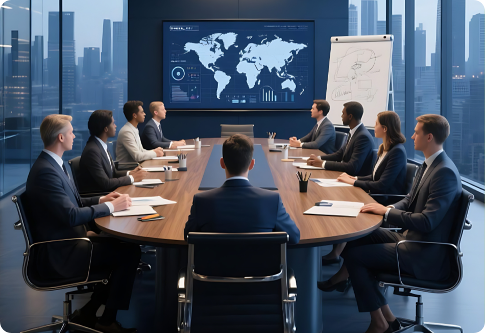 Global corporate boardroom meeting