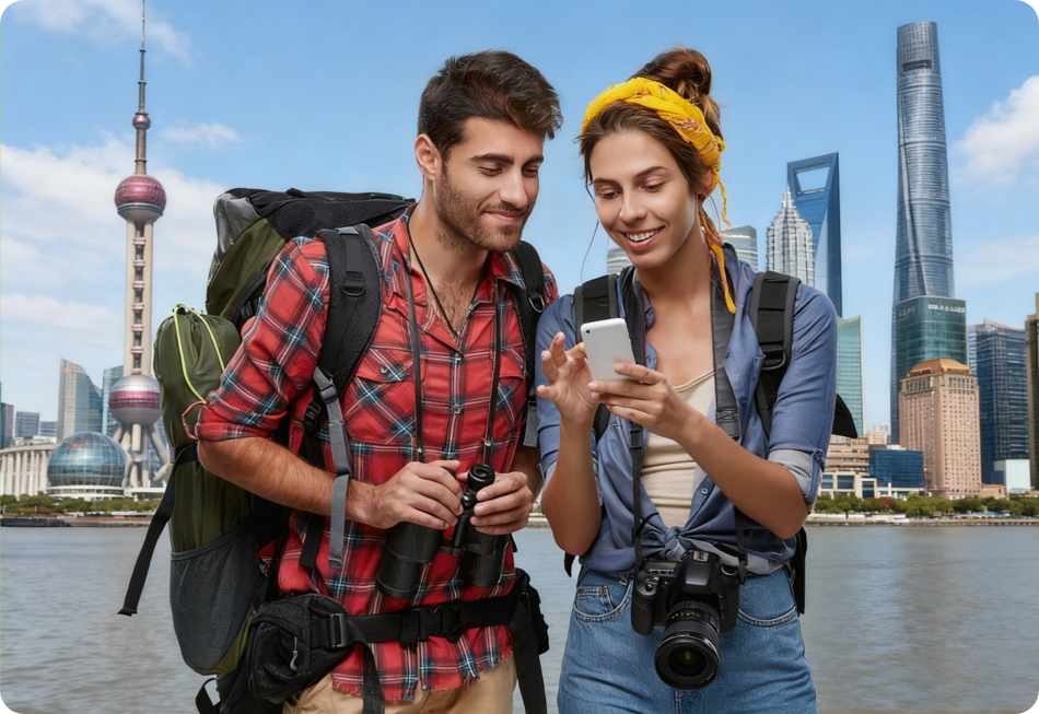Tourists exploring Shanghai with translation app